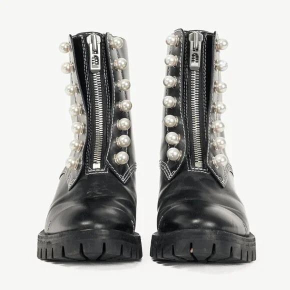 3.1 Phillip Lim Hayett Black Leather Pearl Zip-Up Boots - Picture 2 of 8